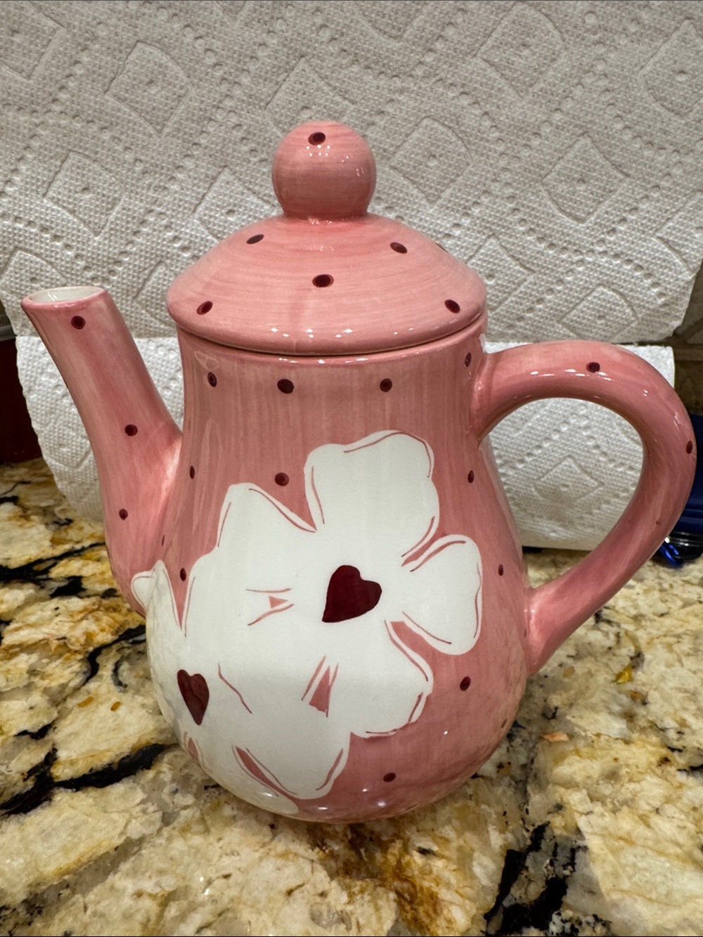Laurie Gates Pink Ceramic Teapot with White Floral Hearts